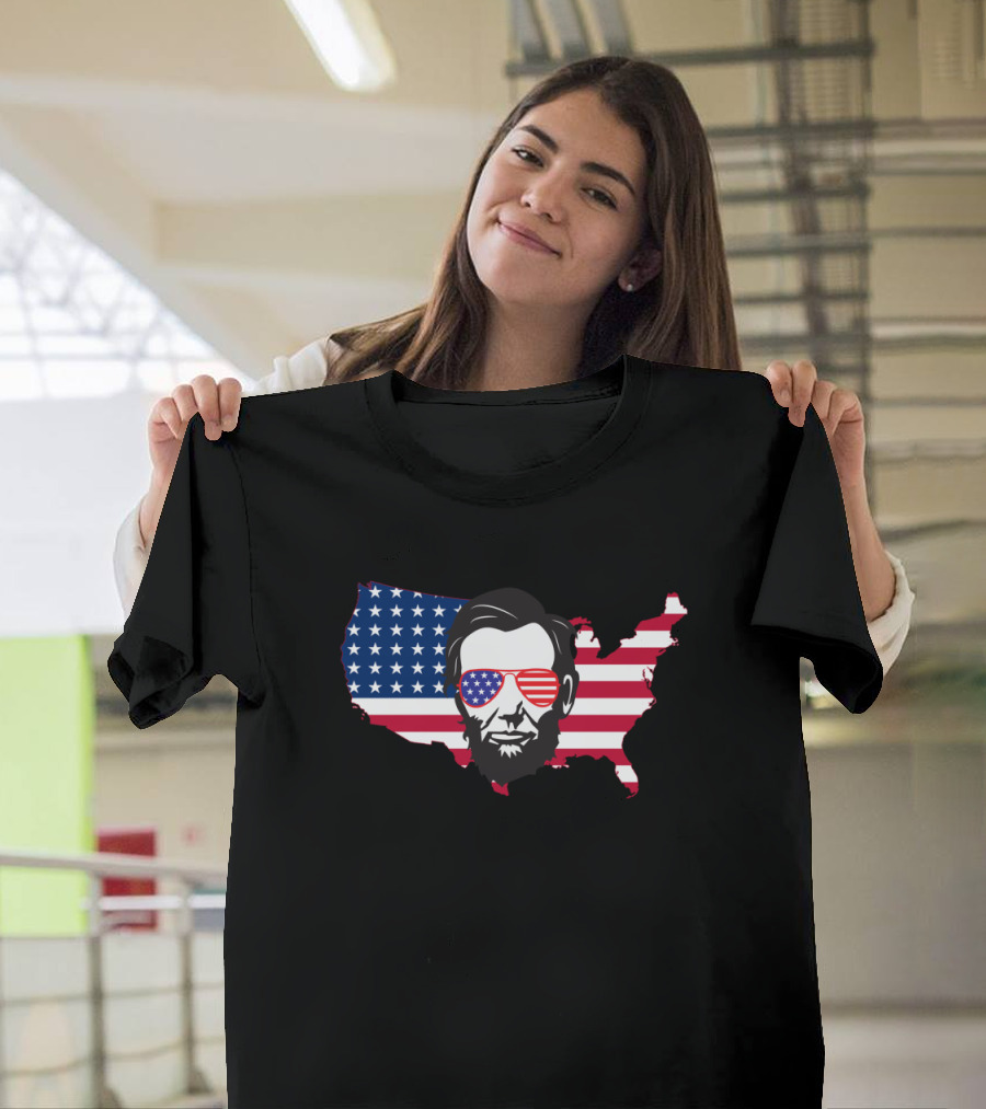 Abraham Lincoln Patriotic American Flag USA Map Sunglasses T-Shirt