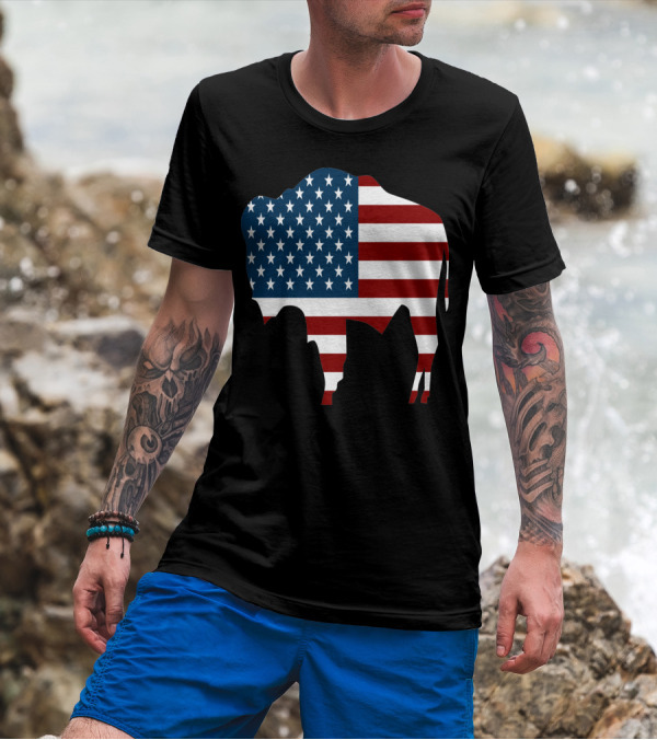 American Flag Bison Silhouette Patriotic T-Shirt
