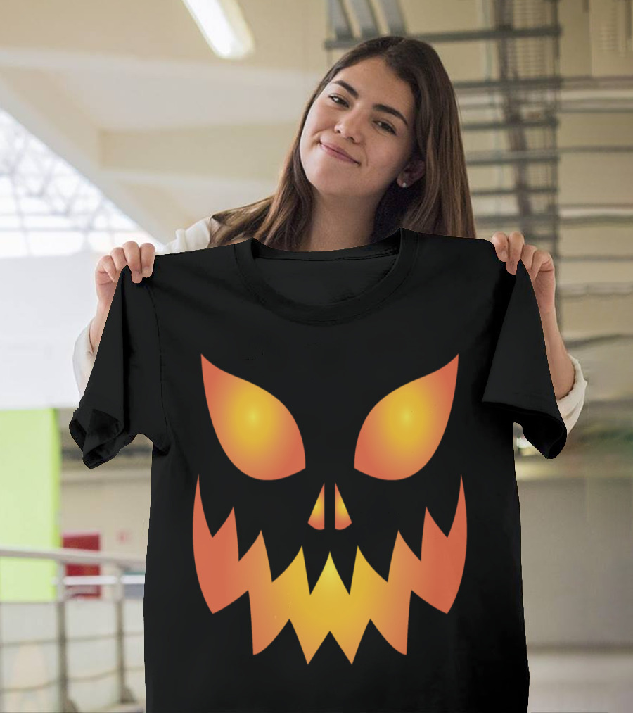 Scary Pumpkin Helloween Face Design Fierce Glowing Eyes and Jagged Grin T-Shirt