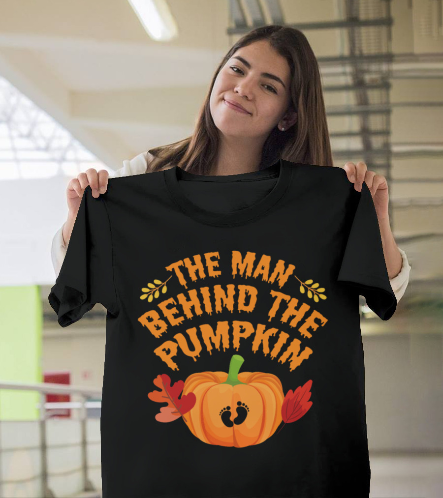 The Man Behind The Pumpkin With Baby Footprints New Dad Autumn Leaves T-Shirt
