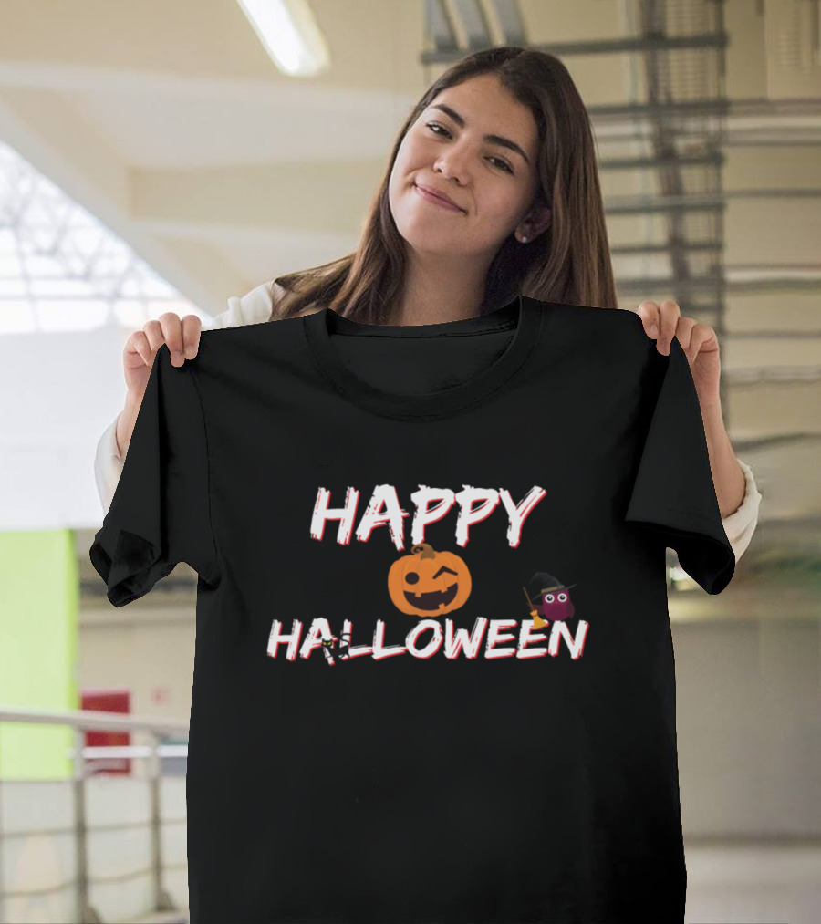 Happy Halloween Pumpkin Owl Cat Witch T-Shirt
