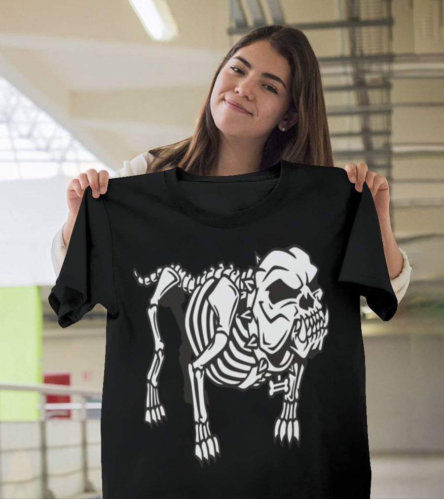 Skeleton Bull Dog Skull Bones Print T-Shirt