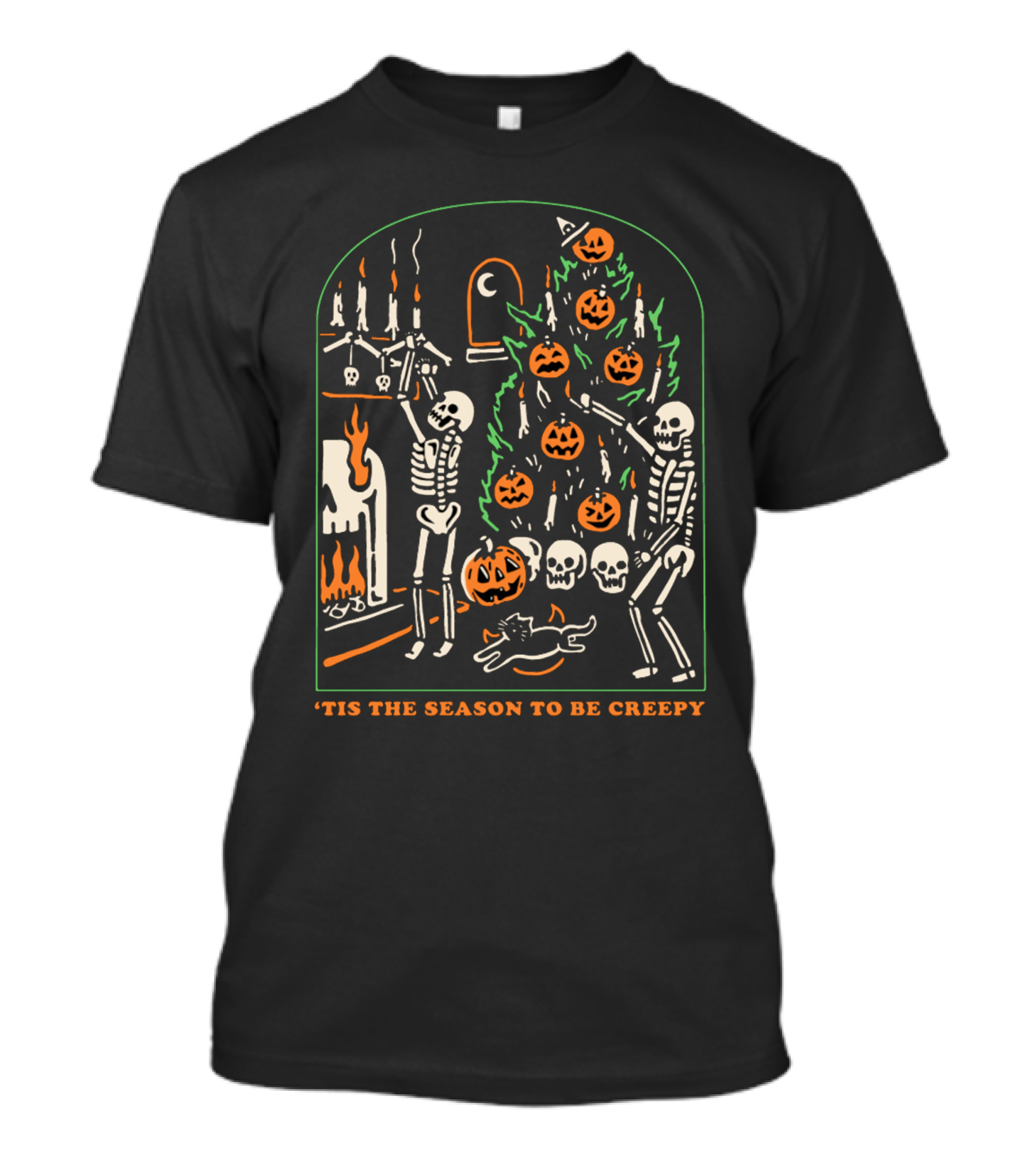 'Tis The Season To Be Creepy Skeletons Decorating With Pumpkins And Skulls T-Shirt