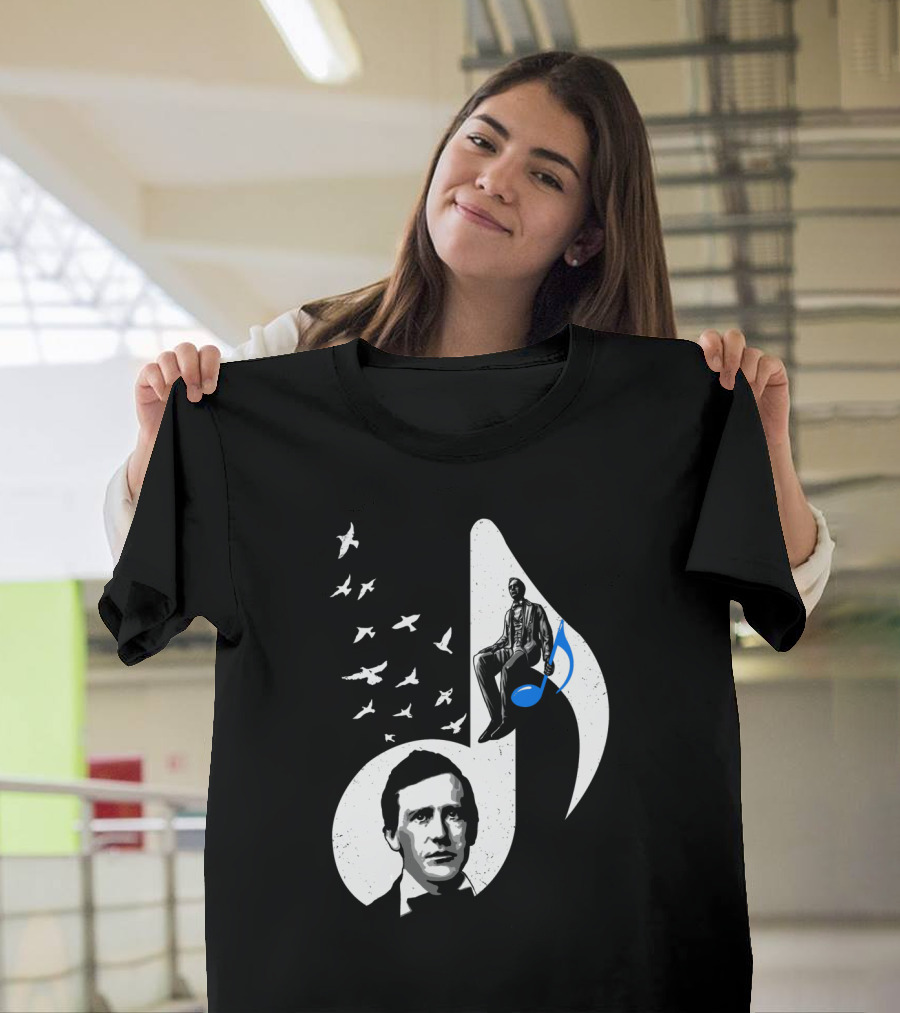 Stephen Foster Musical Note Portrait with Birds and Blue Accent T-Shirt