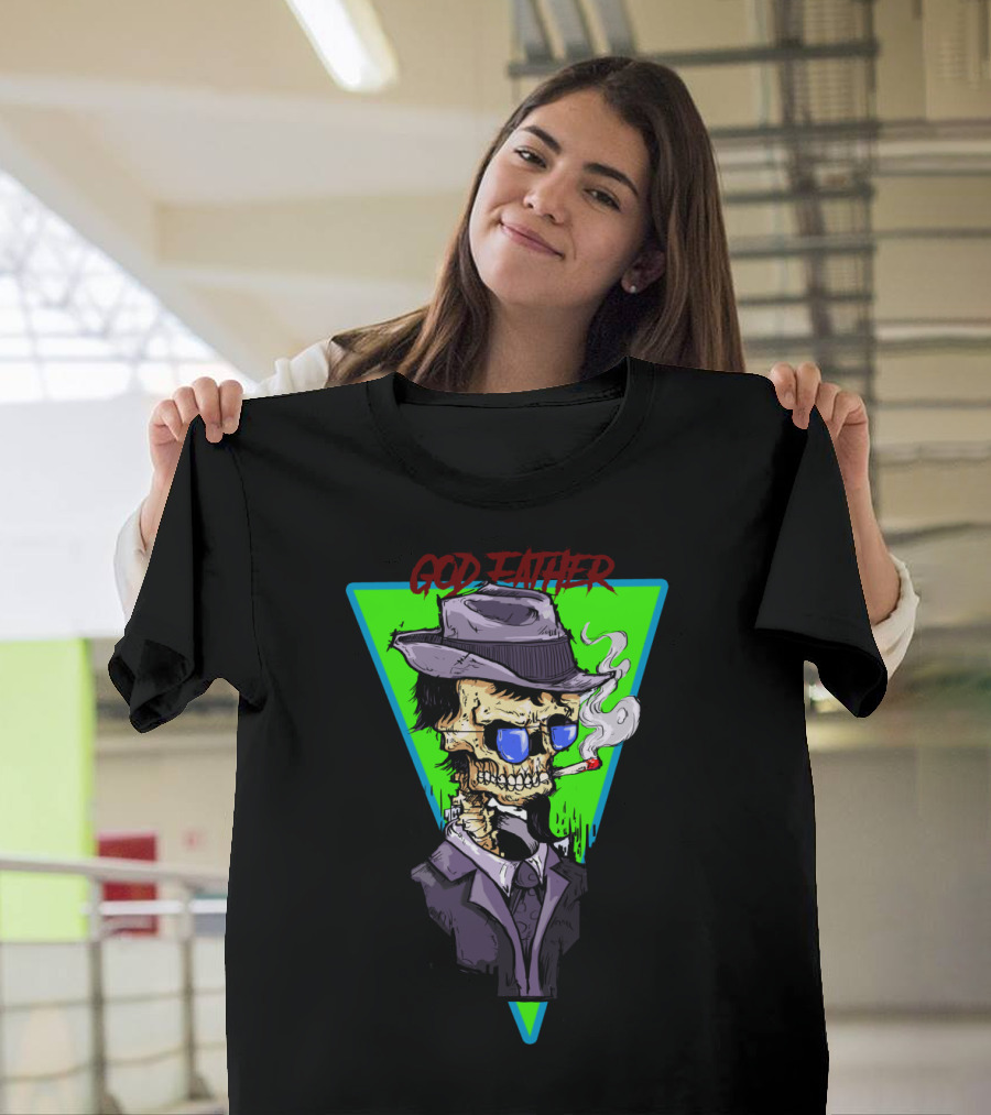 God Father Skull Smoking in Hat and Suit with Vintage T-Shirt