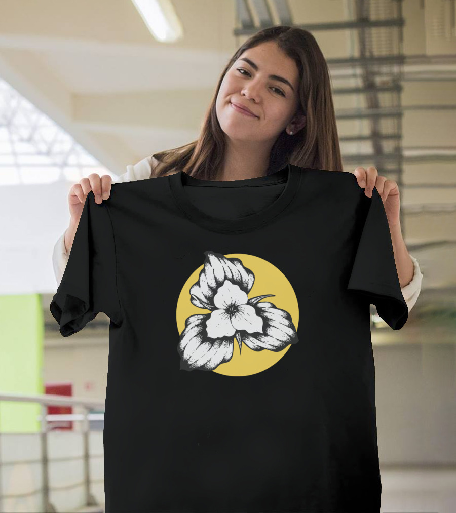 Trillium Floral Illustration on Yellow Circle Background T-Shirt