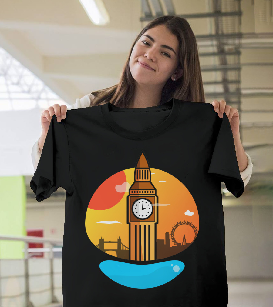 Big Ben Sunset Silhouette London Eye Tower Bridge Iconic Scene T-Shirt