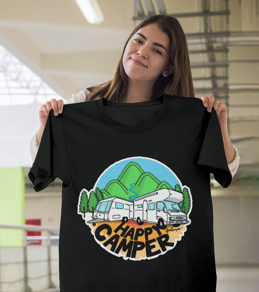 Happy Camper Adventure with Mountain Views and Caravan RVs T-Shirt