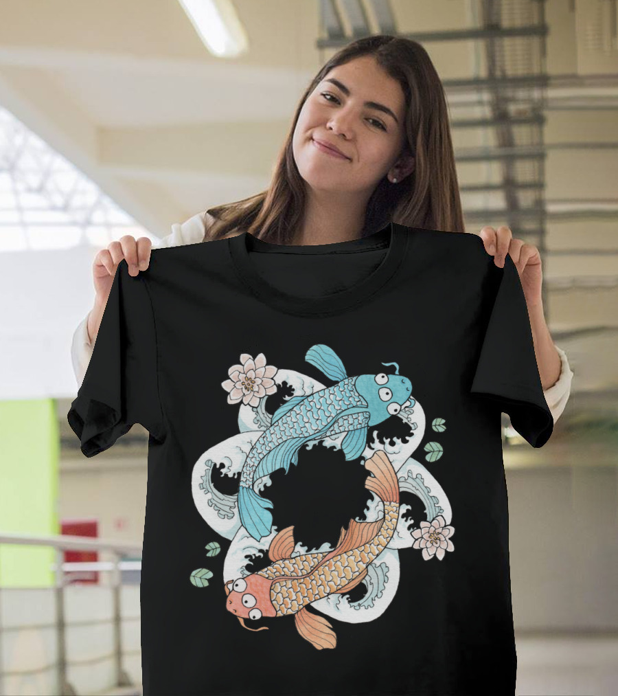 Kawaii Koi Fish in Yin Yang Wave Pattern with Flowers and Leaves T-Shirt