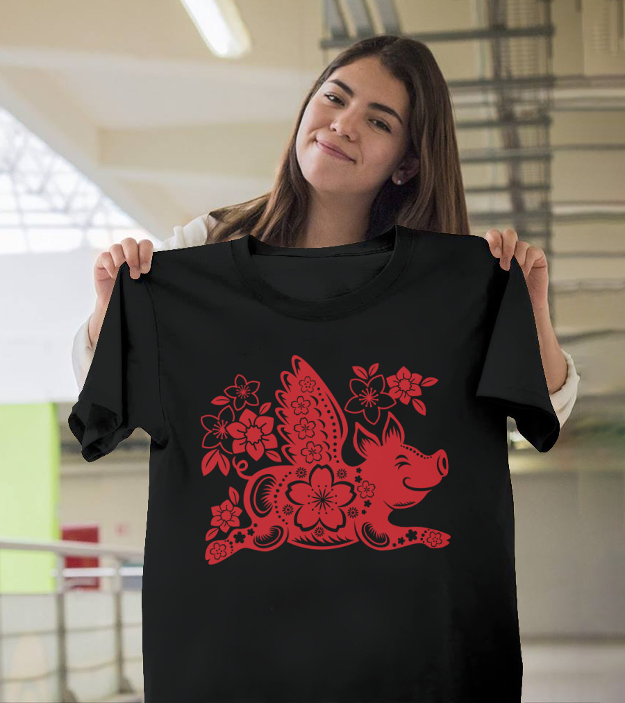 Flying Pig with Floral Patterns and Wings with Red Blossoms T-Shirt