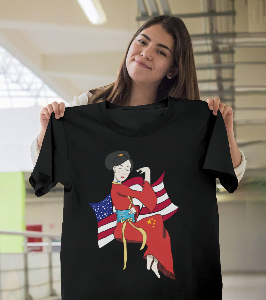 Chinese American Fusion with Traditional Dress and Blended Flag T-Shirt