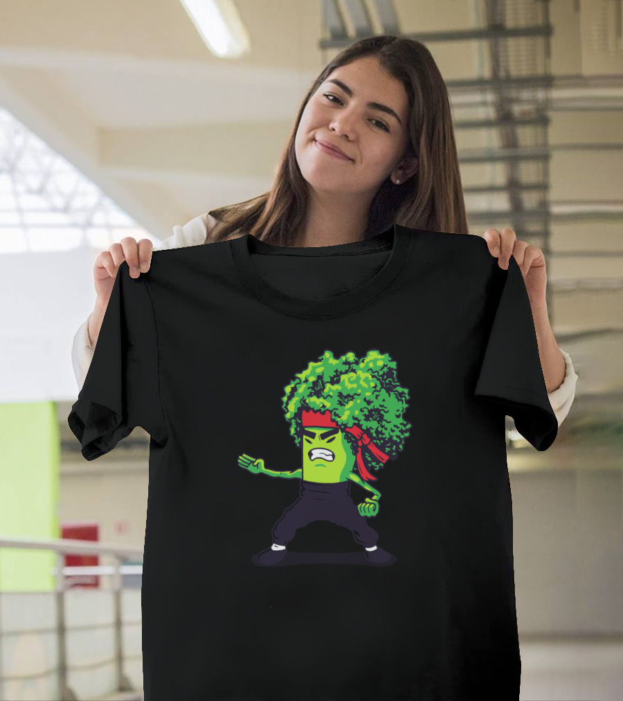 Martial Arts Broccoli Character 'Brocco Lee' with Red Headband and Kung Fu Pose T-Shirt