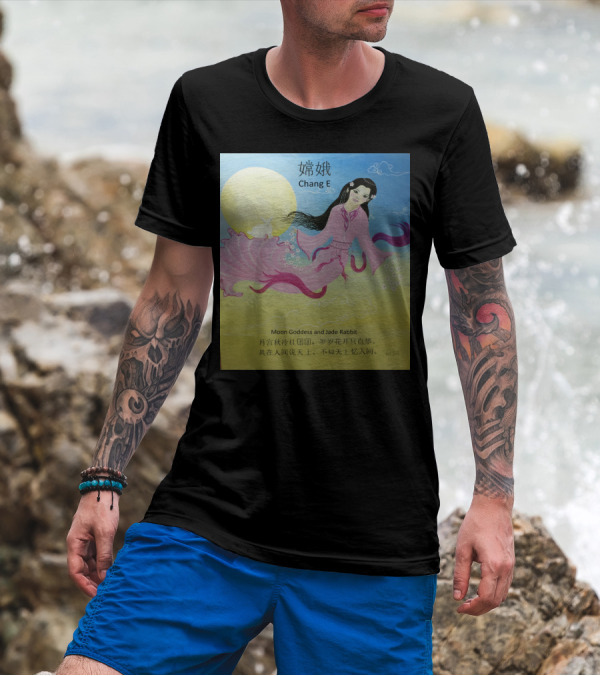 Chang E Moon Goddess And Jade Rabbit With Chinese Text And Full Moon T-Shirt