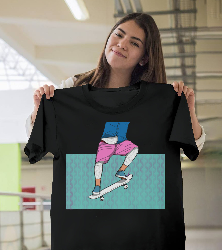 MoFrench Skateboarder in Blue Shirt and Pink Shorts Patterned Background T-Shirt