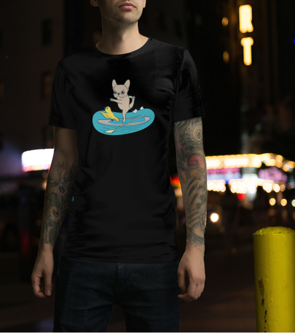 Frenchie Yoga Poses On Stand Up Paddle Board With Bird Companion T-Shirt