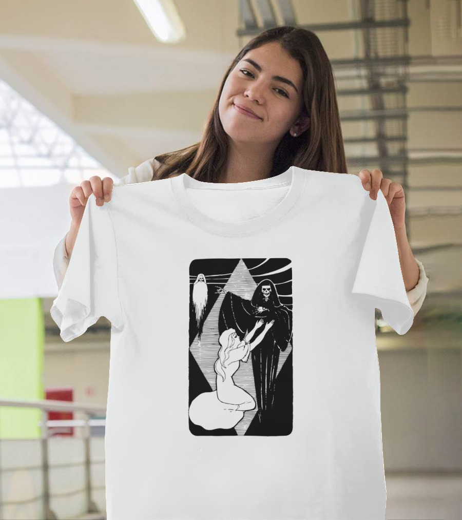 Death Waits For No One Dark Mysterious Reaper and Enigmatic Ghostly Figure with Reaching Woman T-Shirt