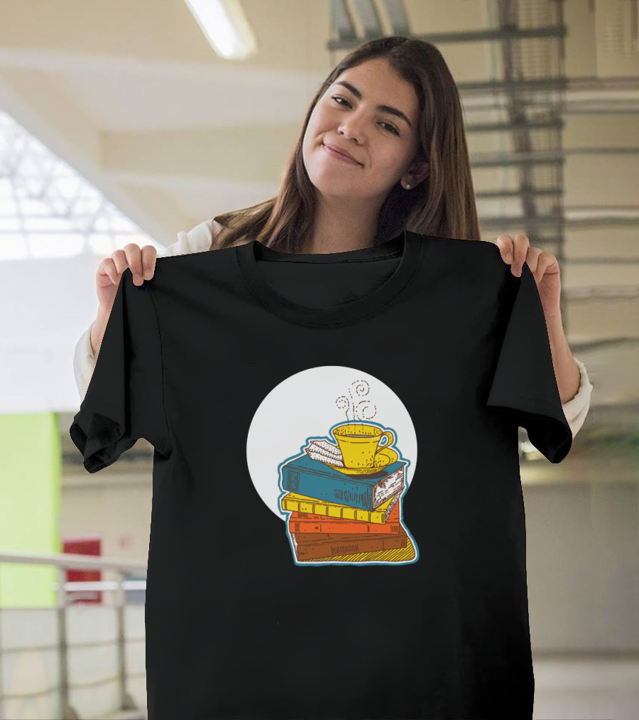 Stack of Colorful Books with Steaming Coffee Cup T-Shirt