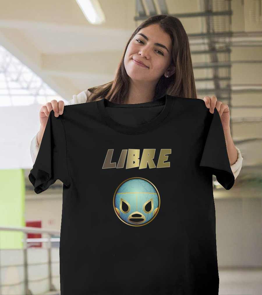 Libre Luchador Blue Mask Icon Gold Text T-Shirt