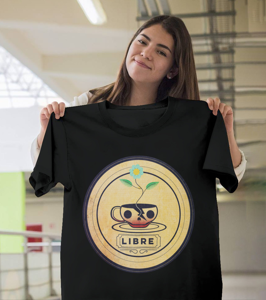 Libre Skull Coffee Cup with Blooming Flower T-Shirt