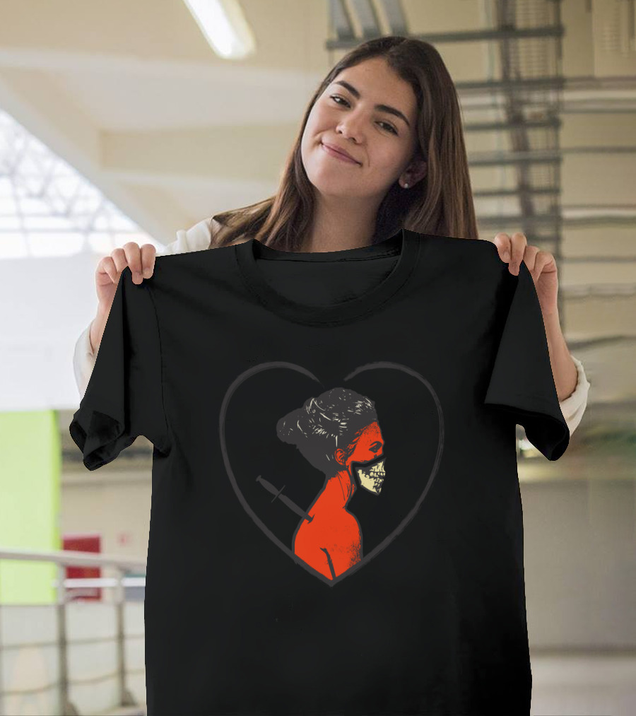 Love Hurts a Lot Heart Symbol with Red Woman and Skull Motif T-Shirt