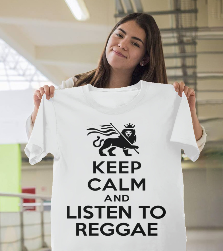 Keep Calm and Listen to Reggae with Crowned Lion Holding Flag T-Shirt