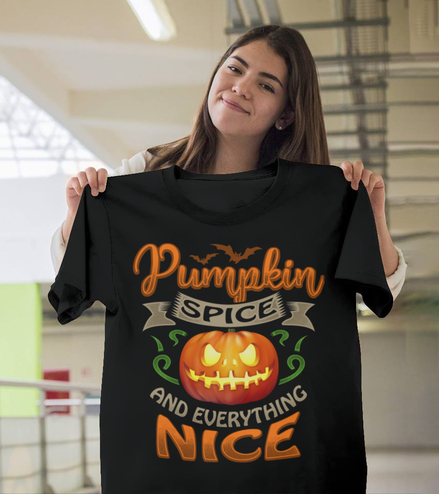 Pumpkin Spice and Everything Nice Halloween Jack-O'-Lantern with Bat Halloween T-Shirt