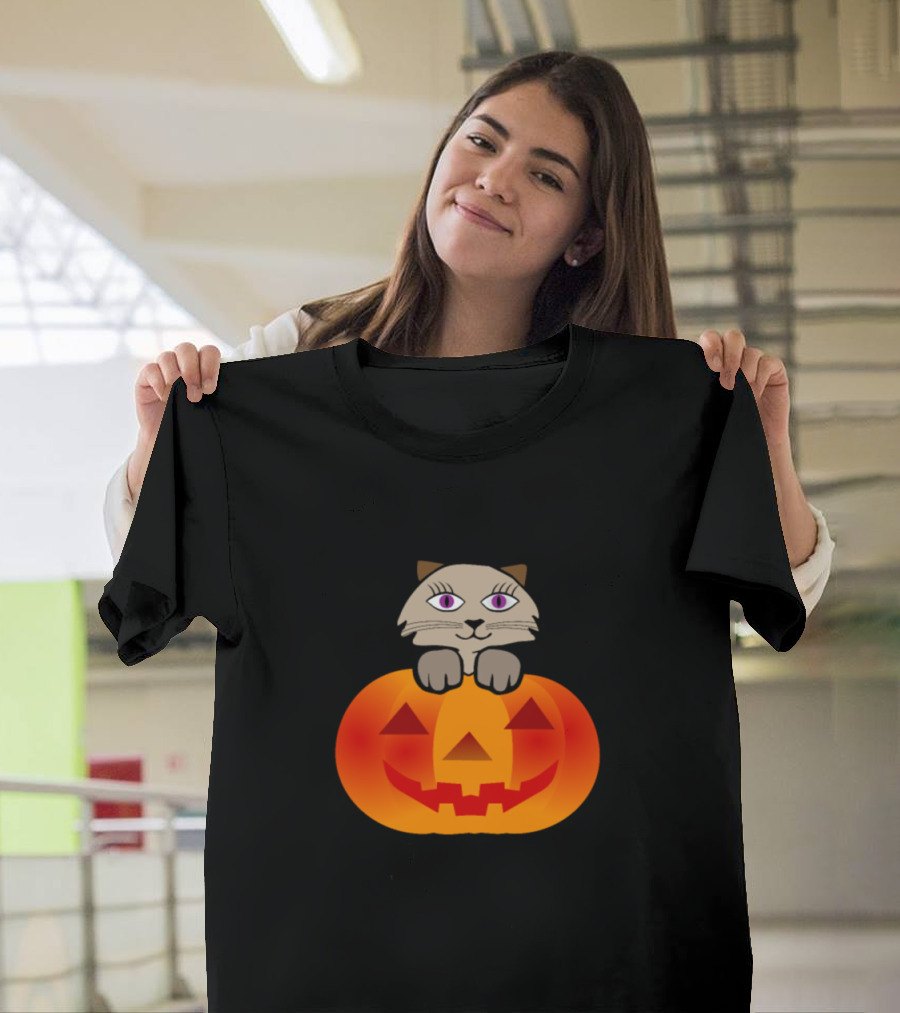 Cat with Purple Eyes in Halloween Pumpkin Jack-o'-Lantern T-Shirt