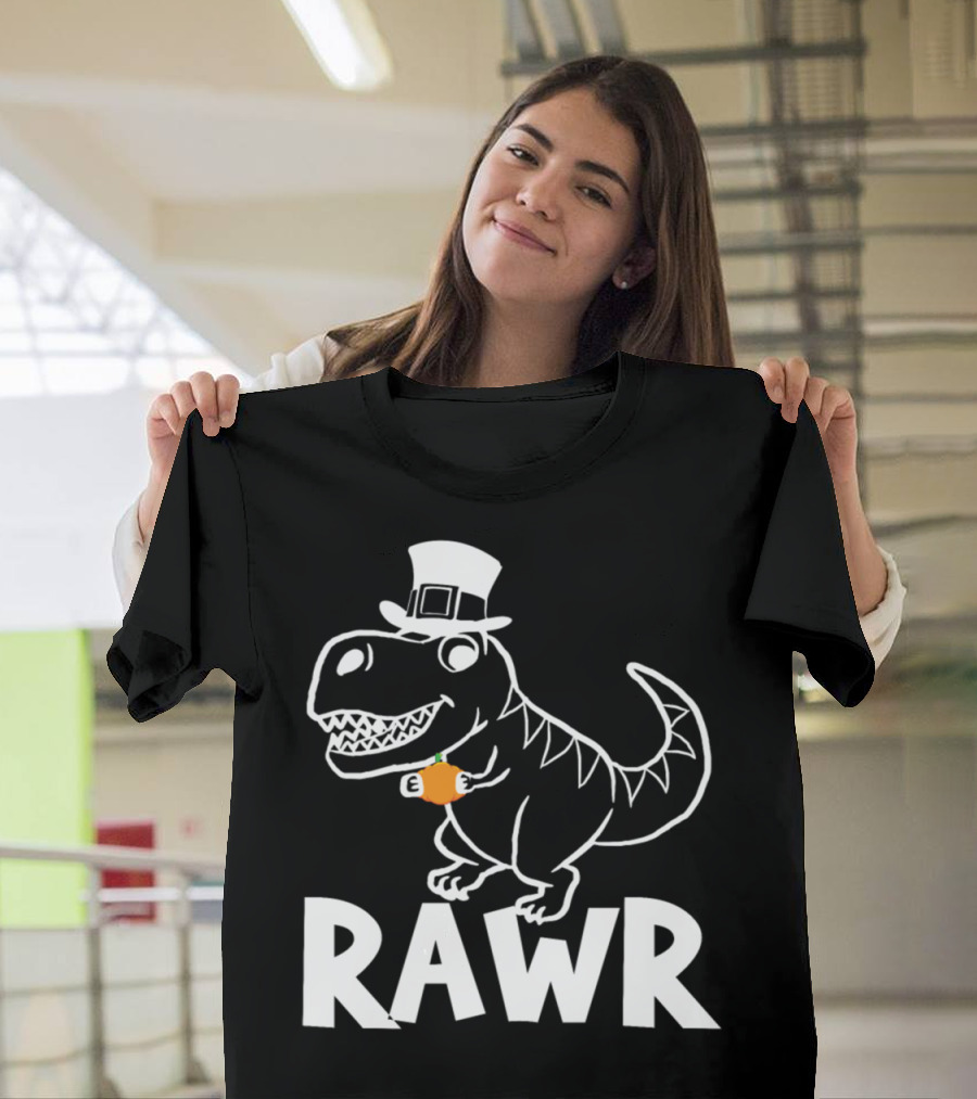 Rawr Dinosaur Pumpkin Wearing Pilgrim Hat T-Shirt