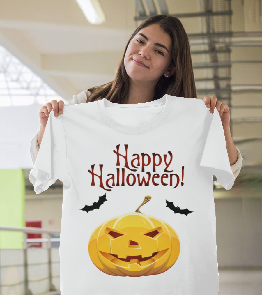 Happy Halloween Smile Pumpkin with Bats T-Shirt