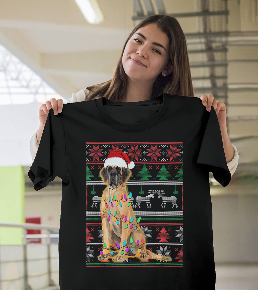 Christmas Dog Santa Hat Lights Ugly T-Shirt