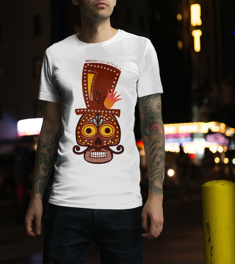 Skull Series 156 Colorful Day Of The Dead Sugar Skull Top Hat Mustache T-Shirt
