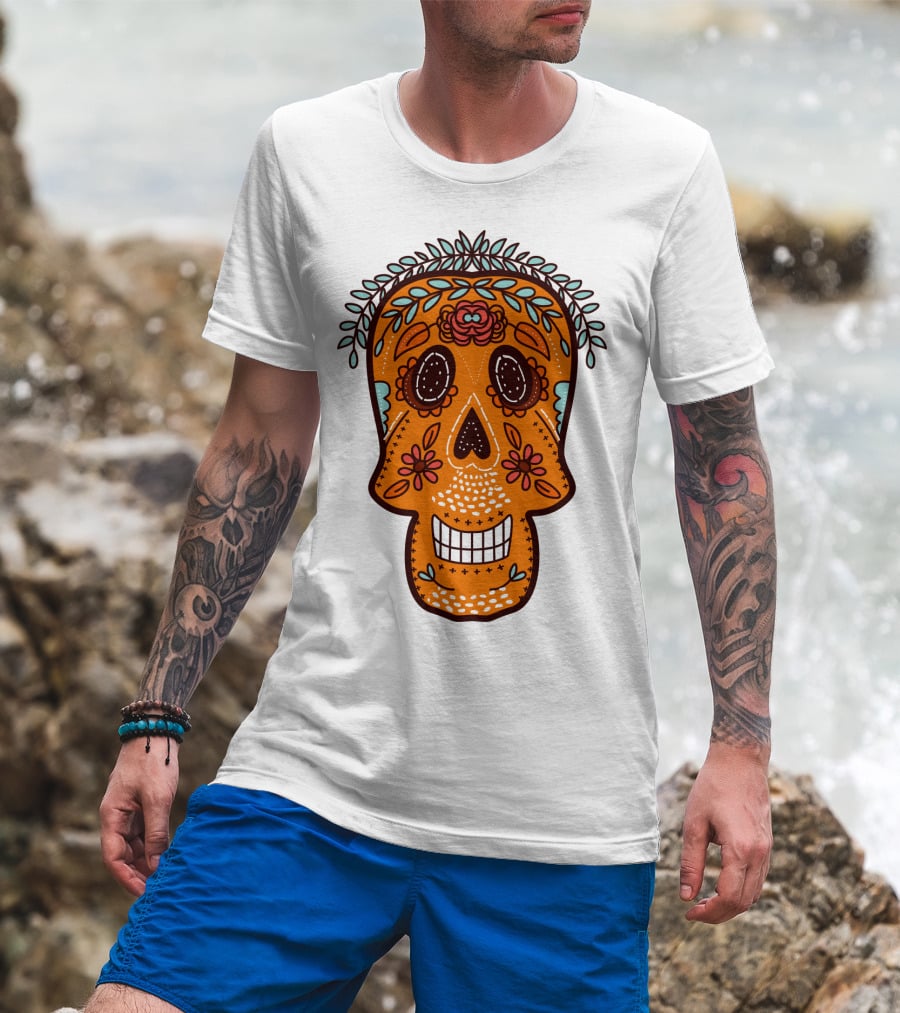 Skull Smile Sugar Skull Floral Día De Los Muertos T-Shirt