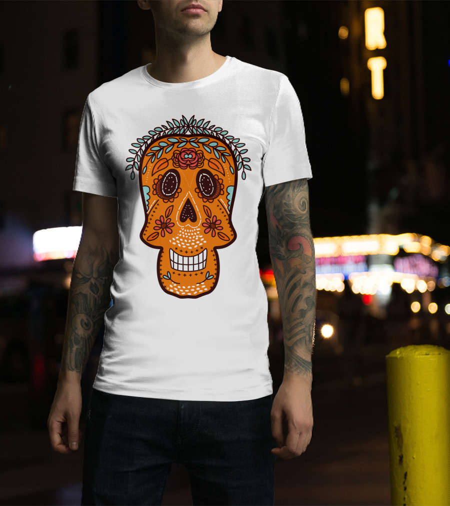 Skull Smile Sugar Skull Floral Día De Los Muertos T-Shirt