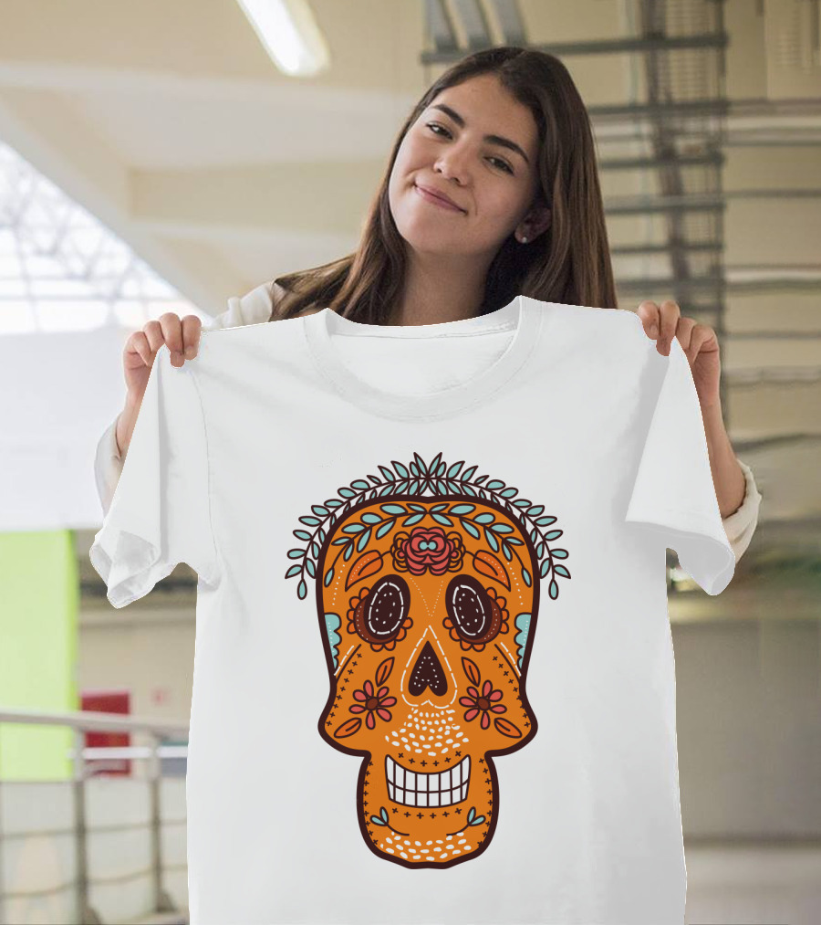 Skull Smile Sugar Skull Floral Día De Los Muertos T-Shirt