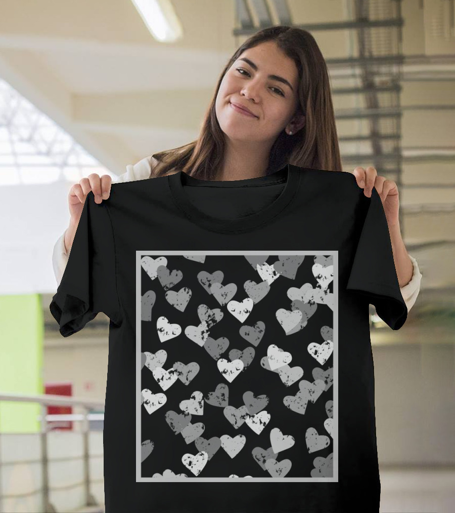 Grey Hearts Pattern with Grunge Texture in Grey Frame T-Shirt