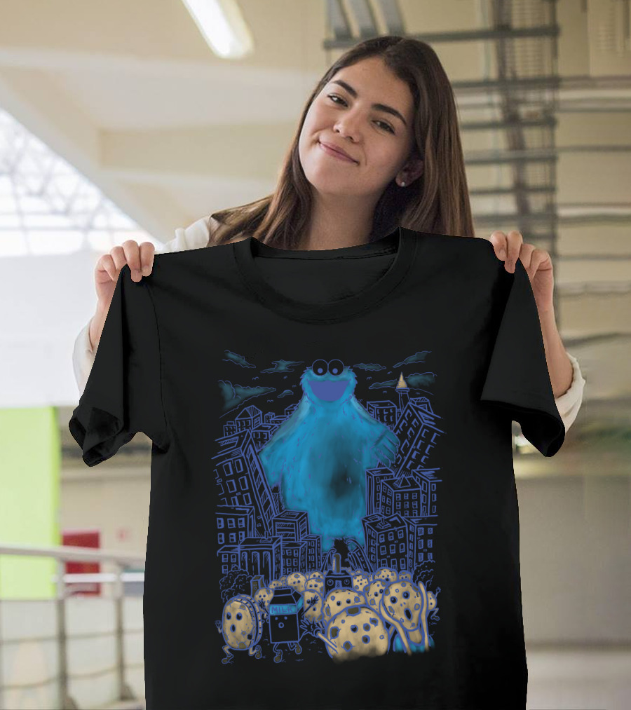 Monster In The City with Blue Furry Creature and Cookie-Themed Characters T-Shirt