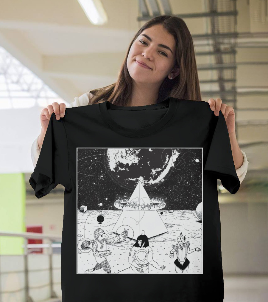 Mysterious Cosmic Pyramid with Dancing Characters Under Planetary Orbit T-Shirt