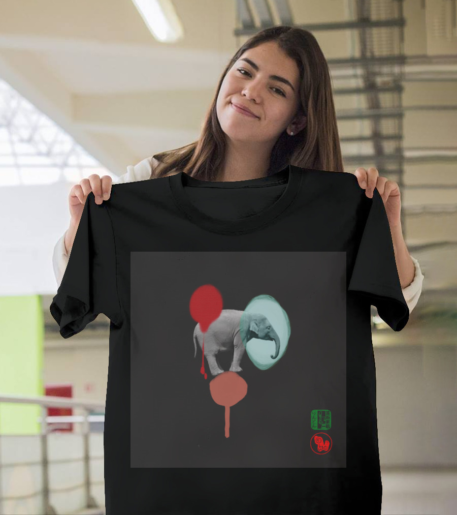 Elephant Dance Abstract Art with Red and Teal Circles and Green Asian Symbols T-Shirt