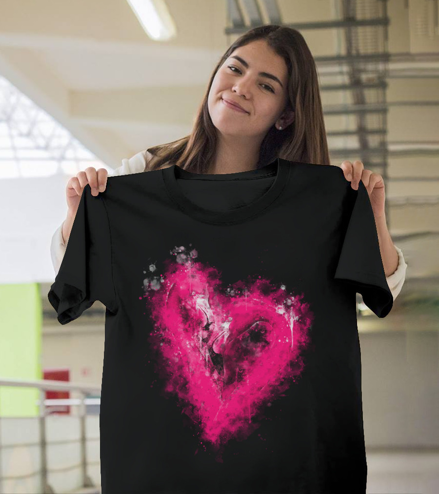 Pink Flamingo Love Heart Watercolor Splatter T-Shirt