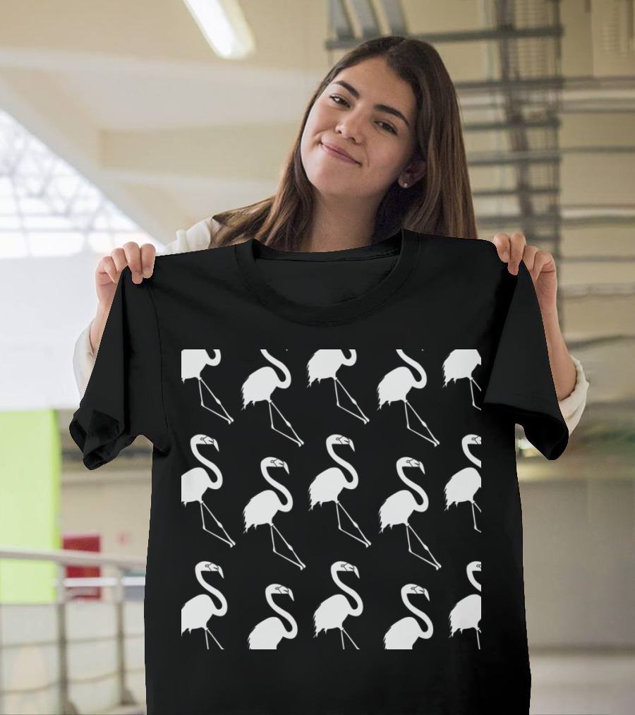 Dancing Line Flamingoes Pattern Black and White Silhouette Repetition T-Shirt