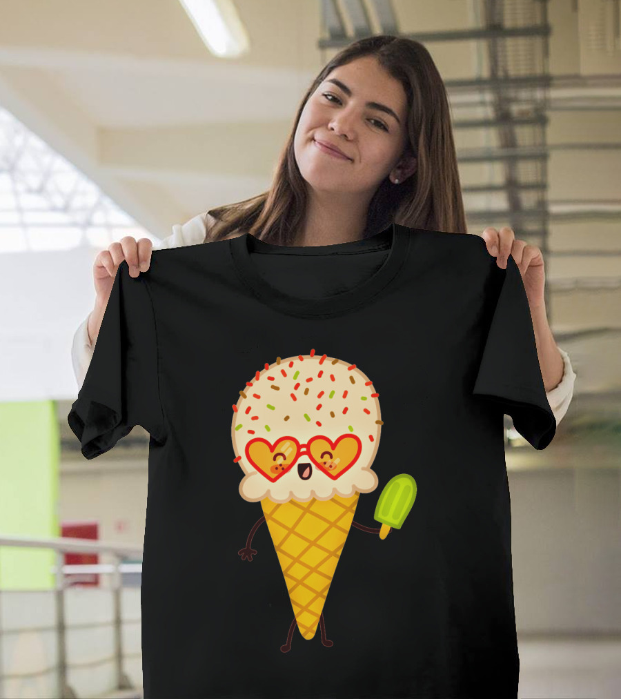 Ice Cream Cone with Heart Sunglasses and Sprinkles Holding Lime Popsicle T-Shirt
