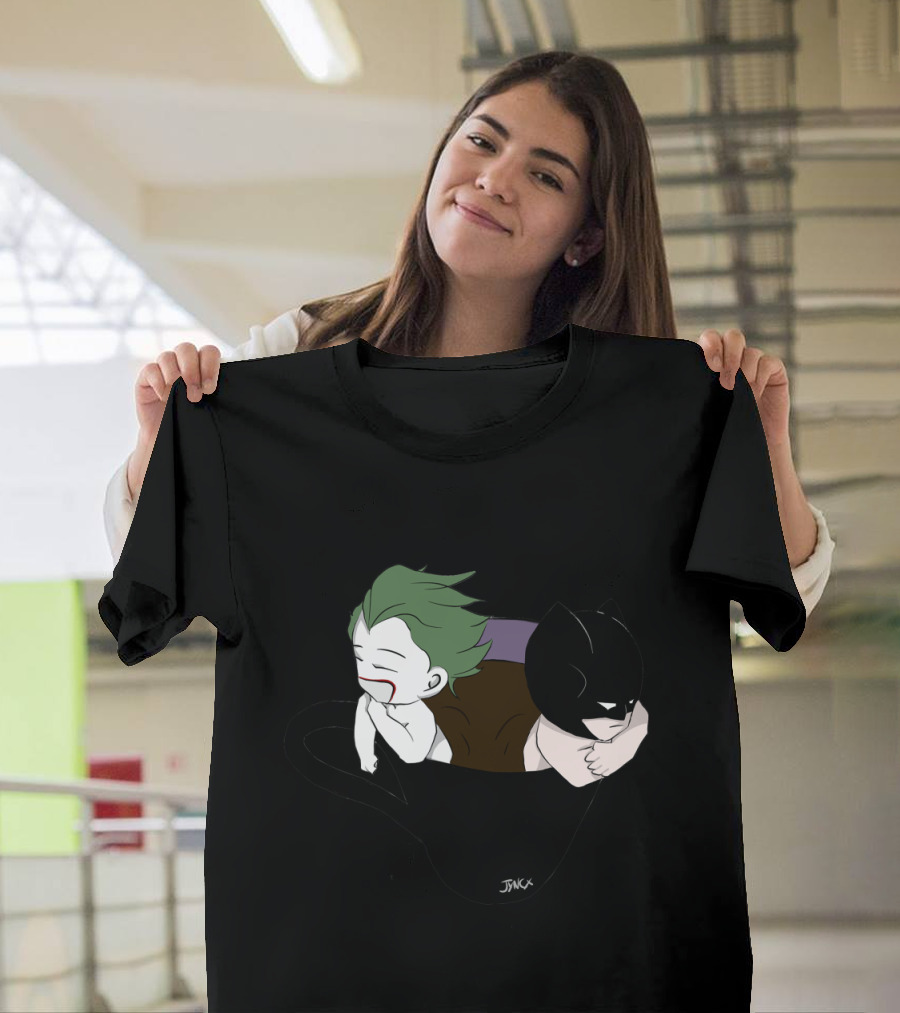 Batjokes Coffee Cup Adventure with Cartoon Joker and Batman Playfully Inside T-Shirt