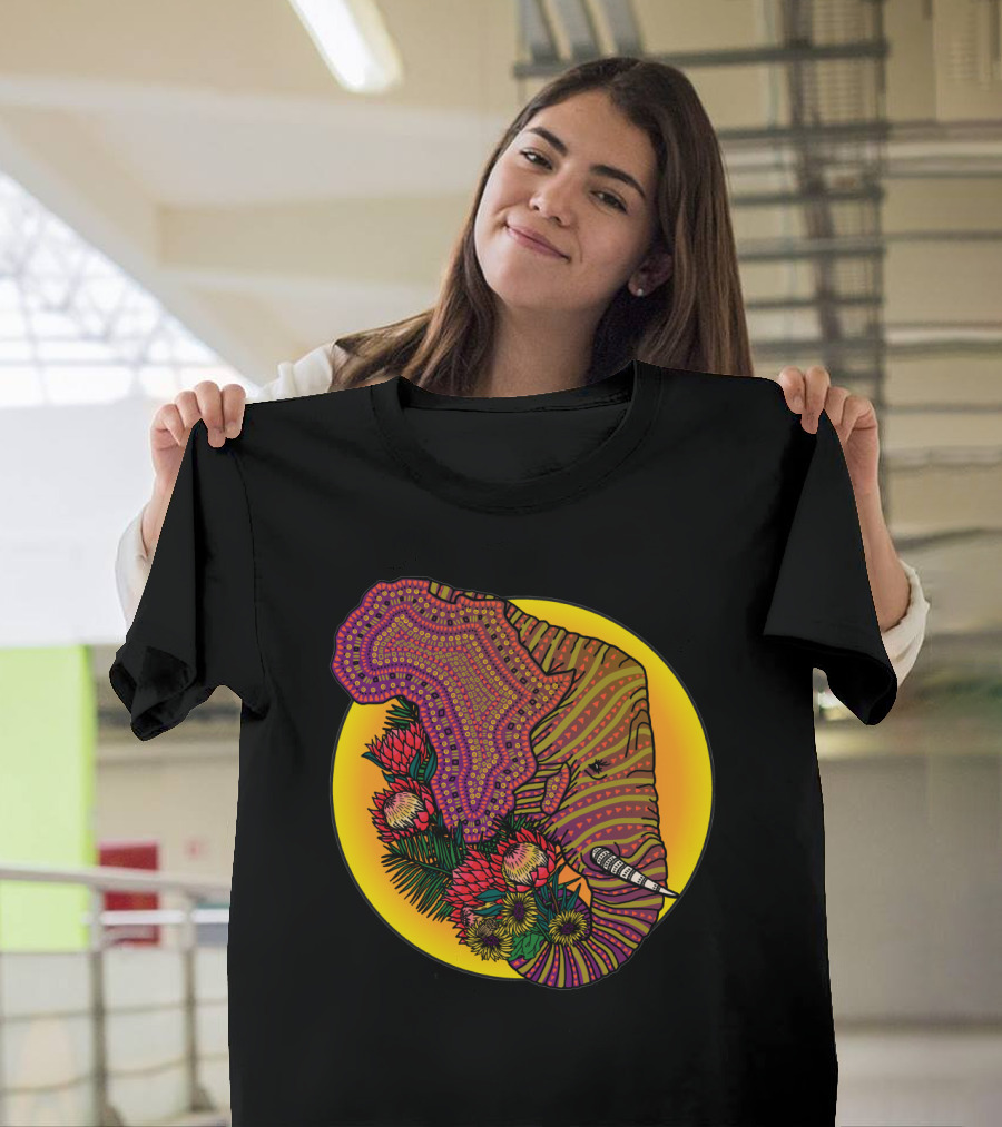 Loxodonta Africana Vibrant African Map with Floral Patterns and Microphone Motif T-Shirt