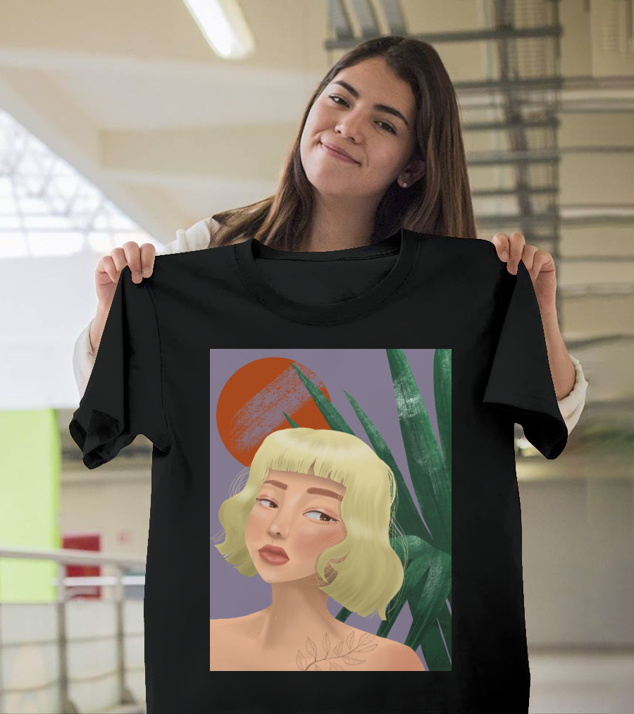 Silent Dawn Reflective Portrait with Blonde Woman and Vibrant Sunlit Leaves T-Shirt
