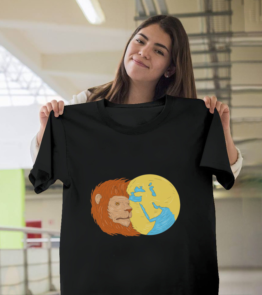 Lion Head Integrated with Middle East Asia Earth Map T-Shirt