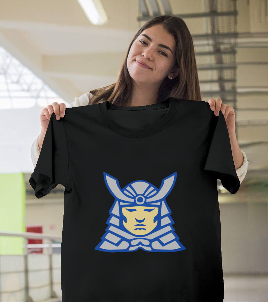 Samurai Head Armor Helmet Bushido Style Iconic Blue and Yellow T-Shirt
