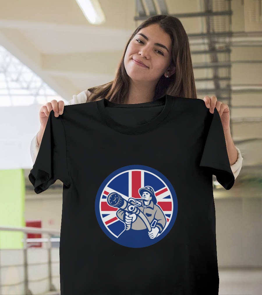 Union Jack Flag with Firefighter Icon in Blue Circle T-Shirt