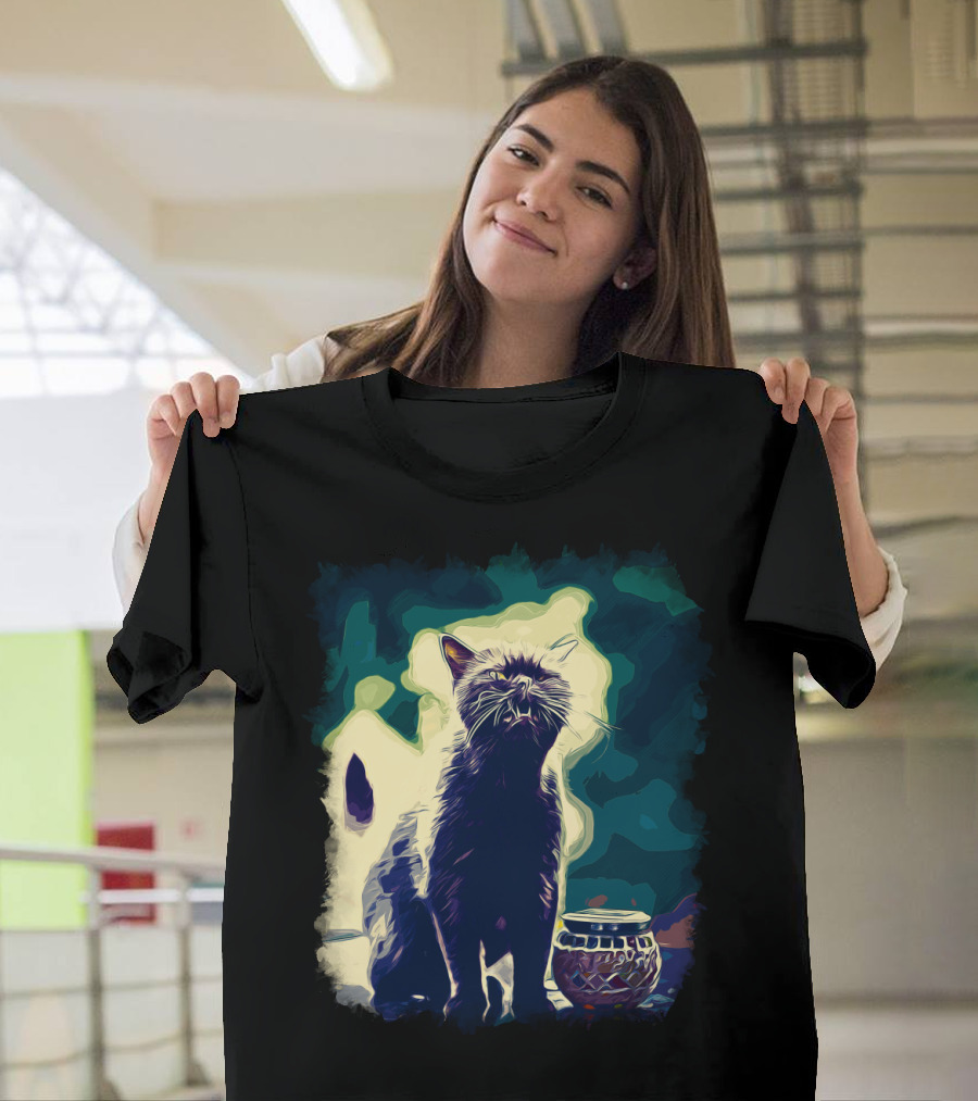 British Shorthair Cat Ready to Attack Vector Art Foggy Night with Stylized Silhouette and Luminous Background T-Shirt
