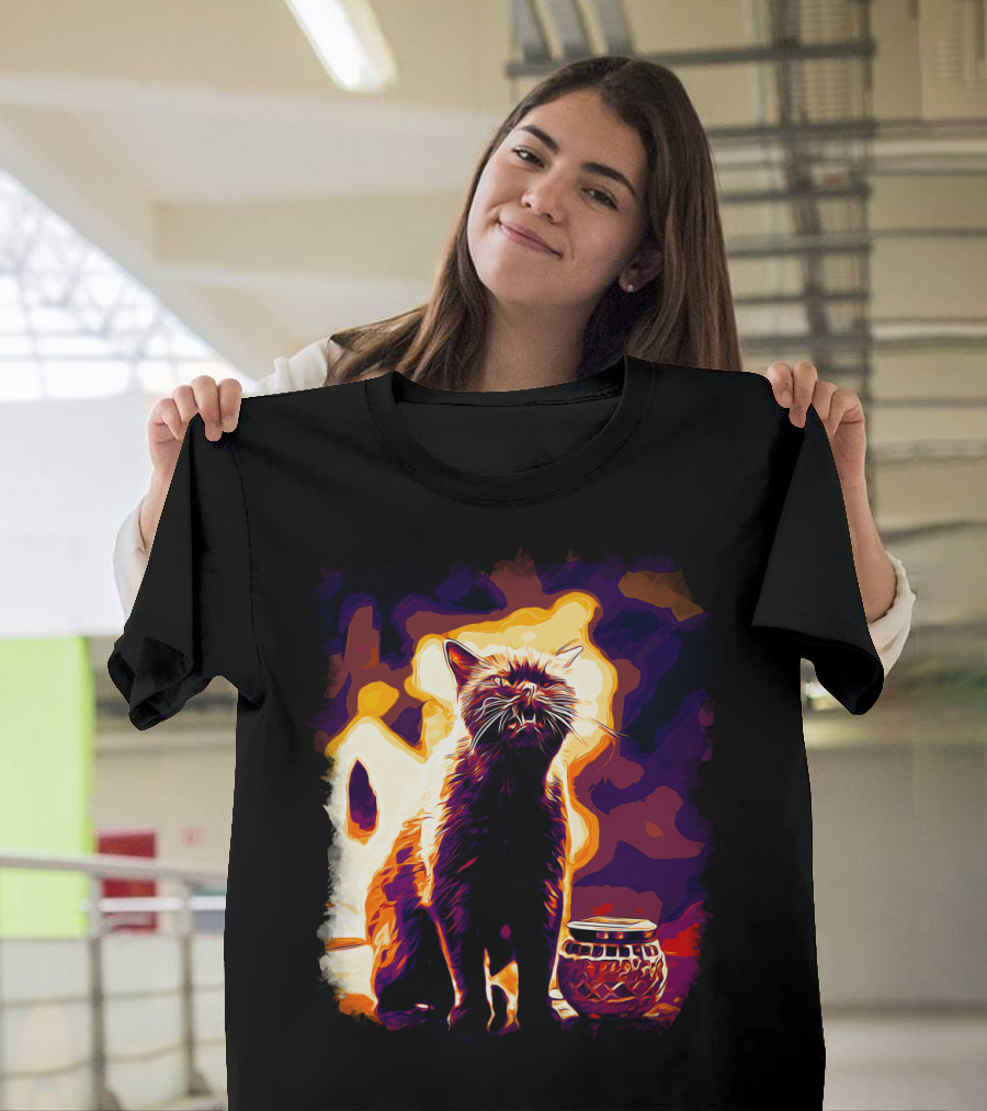 British Shorthair Cat Silhouette at Vibrant Late Sunset Scene T-Shirt