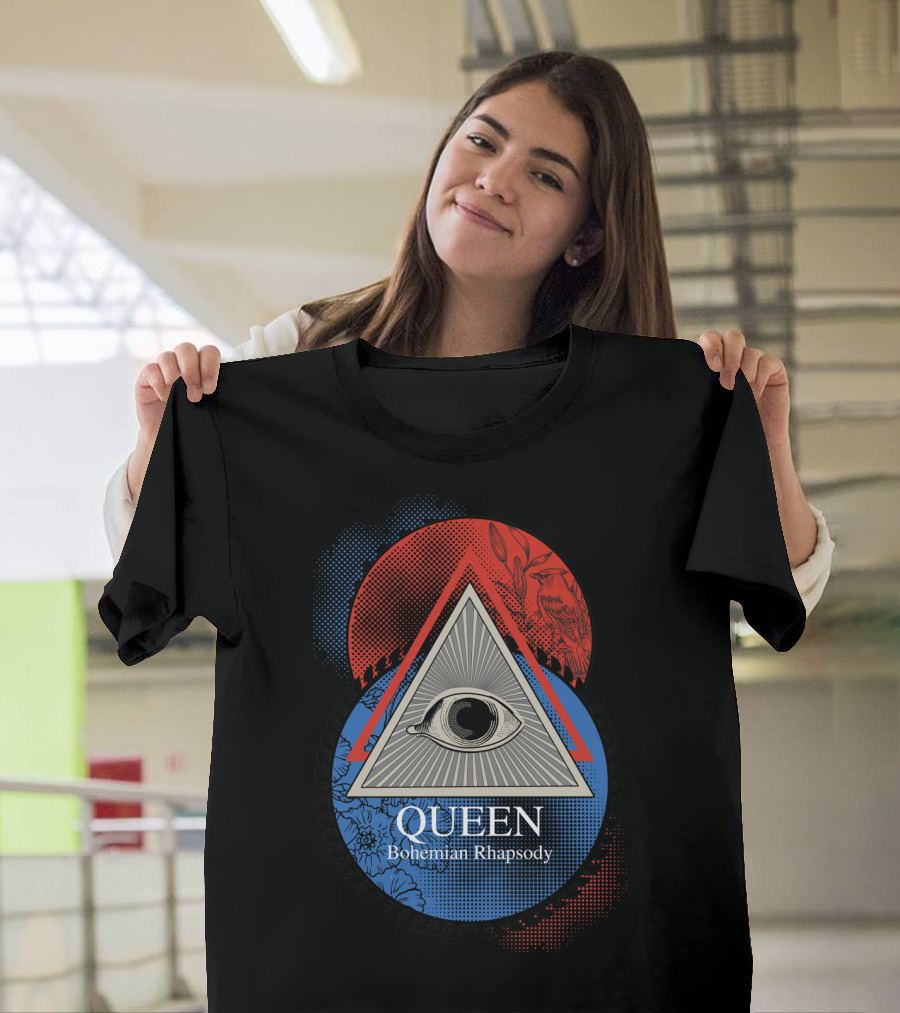 Queen Bohemian Rhapsody All-Seeing Eye with Geometric Blue and Red Floral Bird Triangle Elements T-Shirt